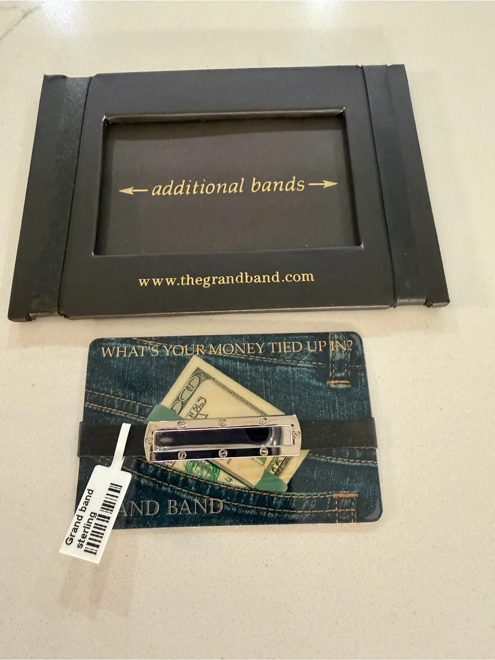 Grand Band Sterling Silver 925 Money Clip Wallet with Black strap